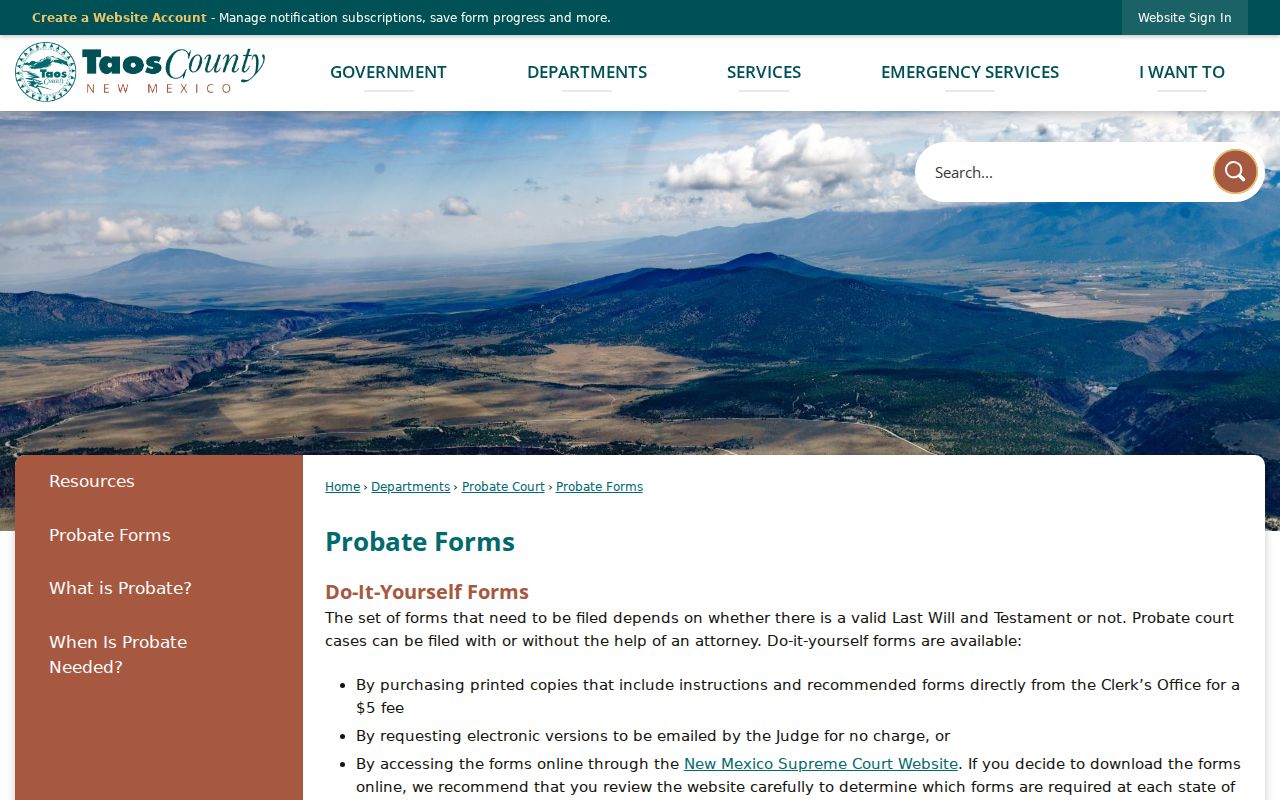 Taos County civil docket probate forms information