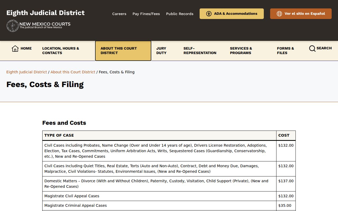 Taos County court record copy and certification fees from the Eighth Judicial District
