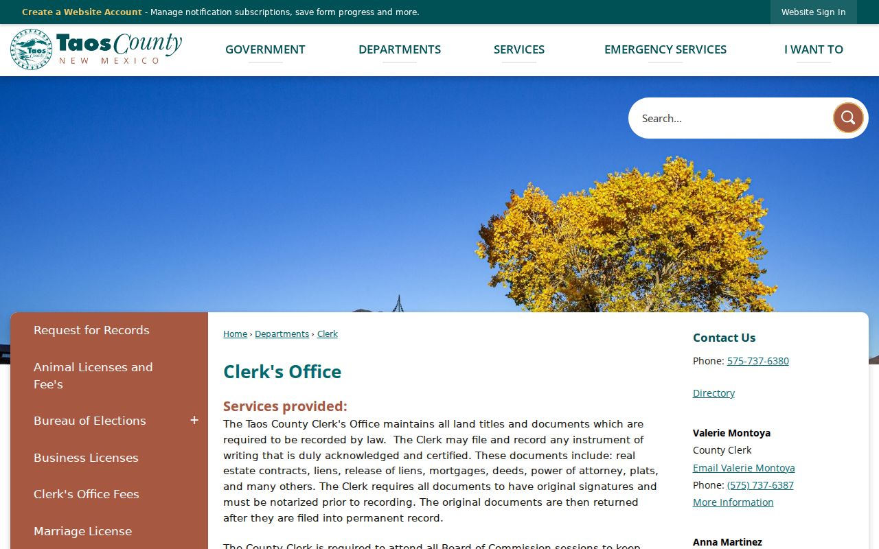 Taos County court docket County Clerk information page